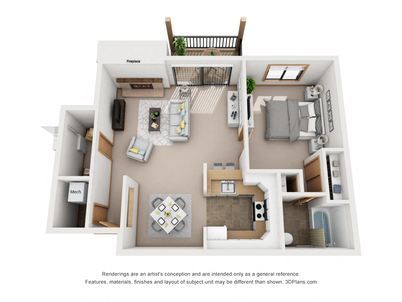 Floor plan for 1 bed, 1 bath, 753 sqft